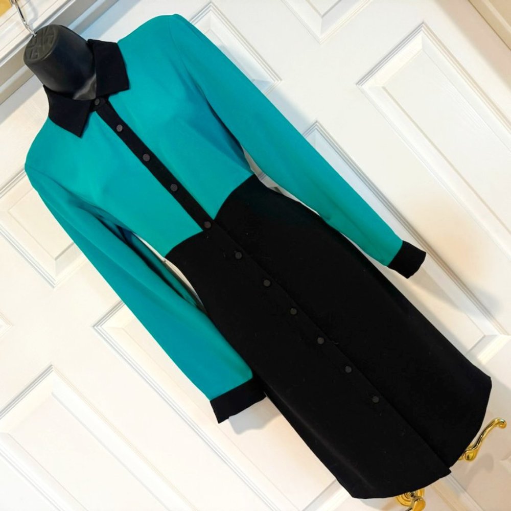 NWOT CALVIN KLEIN Black Green Colorblock Midi Shirt Dress 8 Office Professional